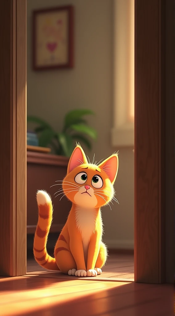 A scene depicting a cat showing concern for its owner’s well-being. The cat, with large worried eyes, watches over the owner. When the owner isn’t eating, the cat looks up from under the table. When the owner is feeling down, the cat snuggles close to offer comfort. In a cold room, the cat tries to guide the owner to a warm spot, and when the owner stays up late, the cat gently nudges them to bed. At the entrance, the cat anxiously waits for the owner to return home, with a mix of worry and relief on its face. The overall scene is warm and filled with affection.
