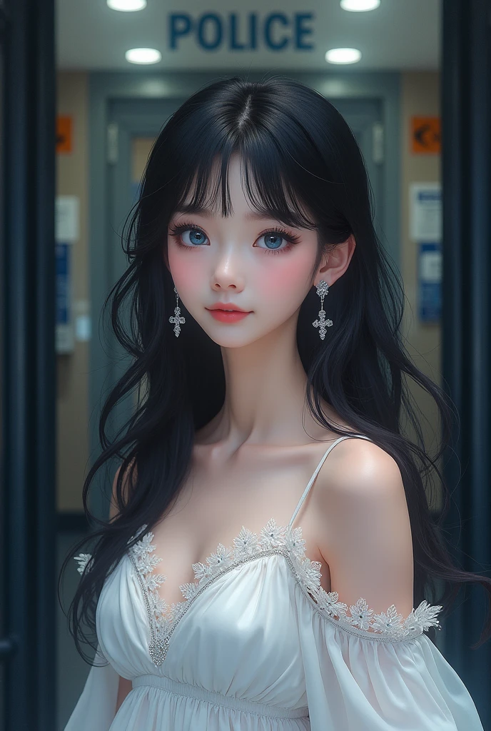 1 female, Black Hair, Blue Eyes, Delicate face, cute, Love Earrings, White Dress, Standing at the entrance to the police station, Playful, Ultra HD, masterpiece, Highest quality, Super Detail, Accurate