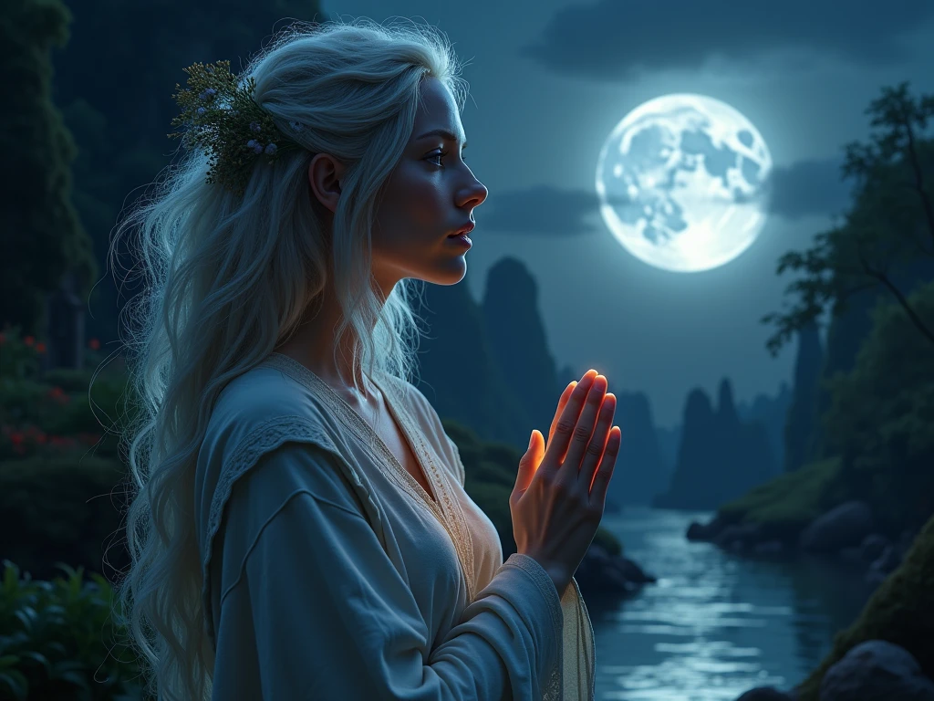a portrait of a female druid praying at night to the moon goddess, an exquisite beautiful woman, an exotic beautiful druid, priestess of nature, ultra feminine, full body, busty woman, most beautiful face ultra detailed face, ((anatomically correct: 1.5)) ultra detailed face, dynamic hair color, dynamic hair style, dynamic skin complexion, (best detailed face: 1.5), wearing a long robe, praying at night to the moon goddess, it is night time, the moon is full. enchanted moon, divine moon, some stars, the night sky are in shades of black, dark blue and purple, some clouds, divine rays, moon rays, (fantasy temple of nature: 1.3) background, a river running near the temple, the moon reflected in the water, vibrant, Ultra-high resolution, High Contrast, (masterpiece:1.5), highest quality, Best aesthetics), best details, best quality, highres, ultra wide angle, 16k, [ultra detailed], masterpiece, best quality, (extremely detailed), 