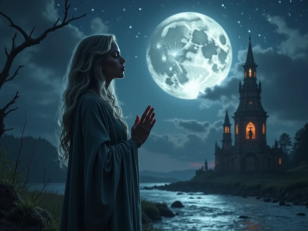 a portrait of a female druid praying at night to the moon goddess, an exquisite beautiful woman, an exotic beautiful druid, priestess of nature, ultra feminine, full body, busty woman, most beautiful face ultra detailed face, ((anatomically correct: 1.5)) ultra detailed face, dynamic hair color, dynamic hair style, dynamic skin complexion, (best detailed face: 1.5), wearing a long robe, praying at night to the moon goddess, it is night time, the moon is full. enchanted moon, divine moon, some stars, the night sky are in shades of black, dark blue and purple, some clouds, divine rays, moon rays, (fantasy temple of nature: 1.3) background, a river running near the temple, the moon reflected in the water, vibrant, Ultra-high resolution, High Contrast, (masterpiece:1.5), highest quality, Best aesthetics), best details, best quality, highres, ultra wide angle, 16k, [ultra detailed], masterpiece, best quality, (extremely detailed), 