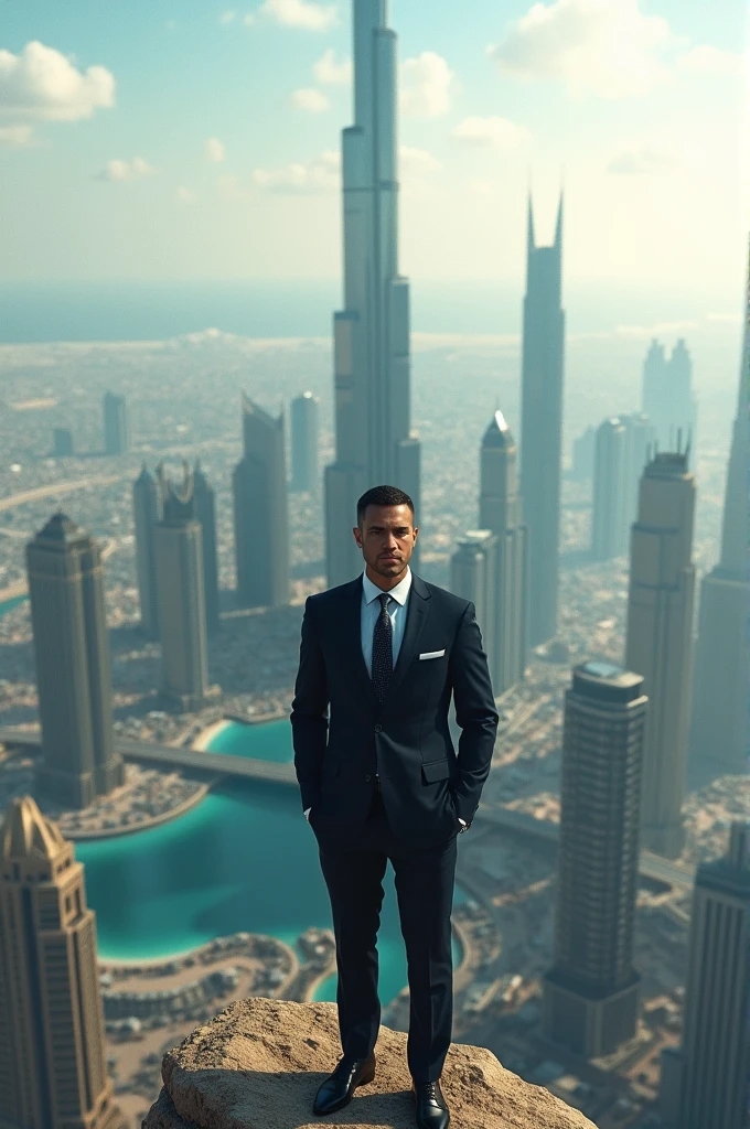 Create a realistic pic of a man who is standing over the Burj khalifa 