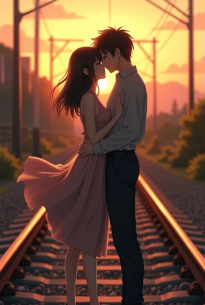 Japanese girl kissing with boyfriend on railway track 