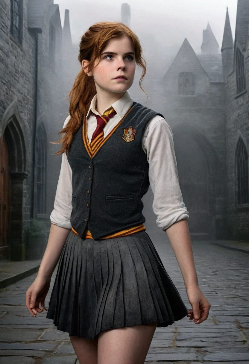 An illustrated movie poster, hand-drawn, full color, a female Hogwarts student, 18 years old, wearing a charcoal vest and a pleated skirt, tall, toned, amazonian stature, athletic hourglass figure, full wide hips, massive round butt, long shapely legs, ridiculously thick powerful thighs, deep dark auburn hair, messy ponytail, flushed sun-kissed complexion, freckles, resembles Lucy Boynton, standing in a foggy Hogwarts courtyard, surrounded by mist, graphite shading, stencil marks, airbrushed acrylic paint, masterpiece, in the Deathly Hallows