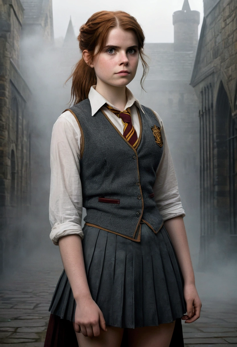 An illustrated movie poster, hand-drawn, full color, a female Hogwarts student, 18 years old, wearing a charcoal vest and a pleated skirt, tall, toned, amazonian stature, athletic hourglass figure, full wide hips, massive round , long shapely legs, ridiculously thick powerful thighs, deep dark auburn hair, messy ponytail, flushed sun-kissed complexion, freckles, resembles Lucy Boynton, standing in a foggy Hogwarts courtyard, surrounded by mist, graphite shading, stencil marks, airbrushed acrylic paint, masterpiece, in the Deathly Hallows