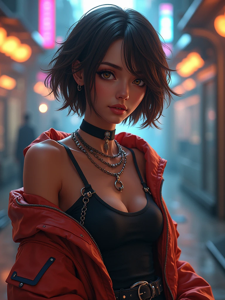 A reaper girl, 23 years old, brown short hair, 8k, highest quality, fantasy, vibrant colors, futuristic, brown skin, beautiful casual clothes