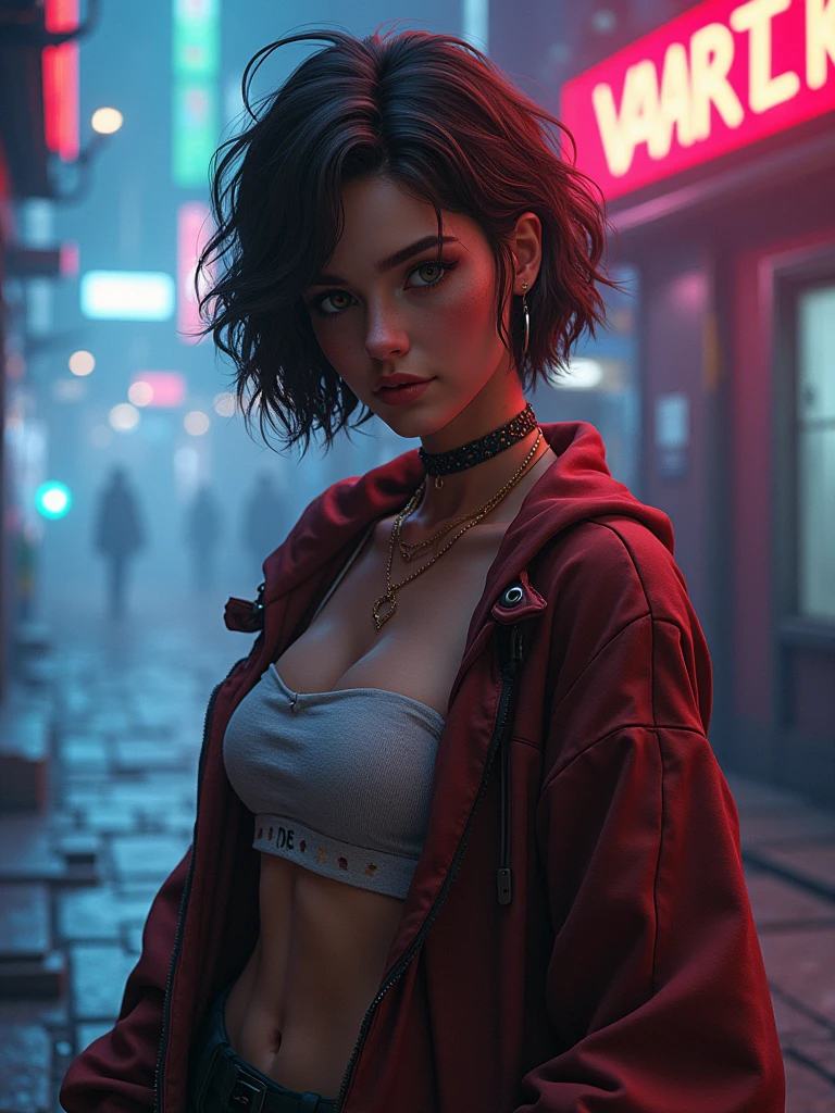 A reaper girl, 23 years old, brown short hair, 8k, highest quality, fantasy, vibrant colors, futuristic, brown skin, beautiful casual clothes