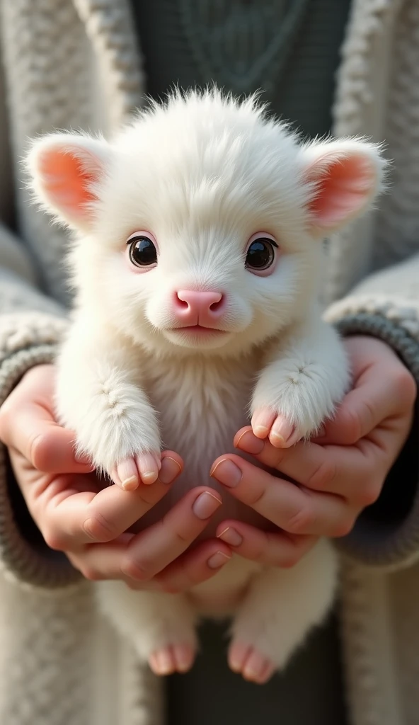 A pair of hands holding a real white Soojin cute Scottish Highland cattle,Hairy on the body
