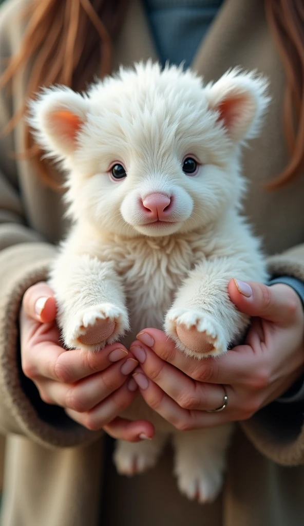 A pair of hands holding a real white Soojin cute Scottish Highland cattle，Hairy on the body
