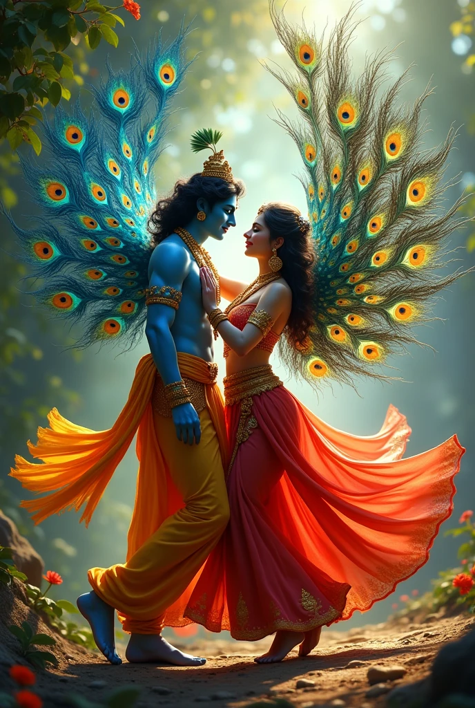 Radhe krishna photo with peacock , dancing in picture  live photo