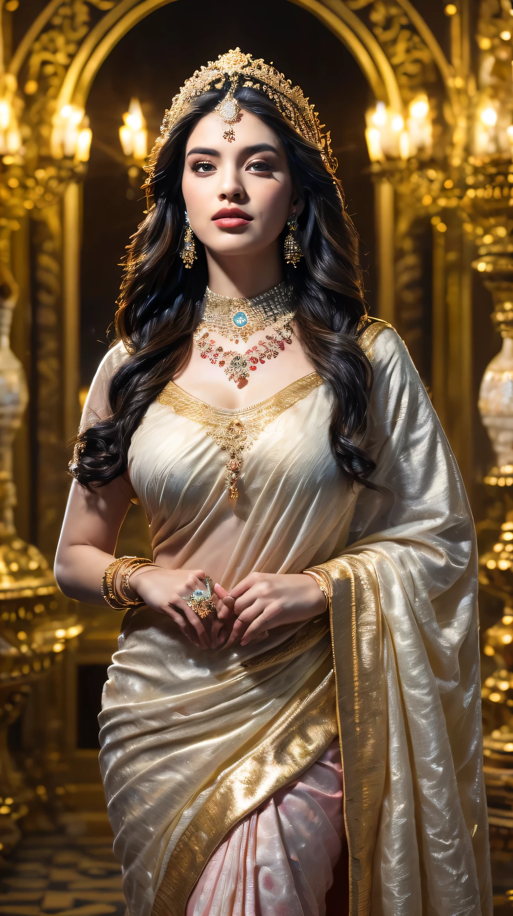 ((Best quality, 8k, Masterpiece :1.3)), Sharp focus :1.2, Generate a realistic image of a beautiful sexy Indian woman plus size body: 8.5 dressed in a white Kasava saree, adorned with traditional ornaments, standing in a well-lit room with cinematic lighting. ((Front view, random elegant pose)), and there is a sense of grace and elegance in her posture. The background should complement the scene, enhancing the overall aesthetic appeal of the image. Photography by Brandon Woelfel, Full shot: Canon EF 16-35mm f/2.8L III USM lens on a Canon EOS 5D Mark IV camera, ultra realistic, 32k, HD