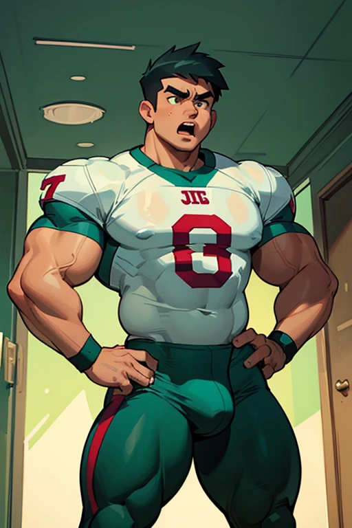Danny Phantom, ghost, hypnosis, jock, conversion, locker room hallway, hyper muscles, jockstrap, bro, meathead, hypnotized, brainwashed, brainwashing, big dumb jock, football. Danny Fenton is hypnotized by Dash to become another dumb football jock bro. Glowing green eyes. Hyper crotch bulge. Massive bulging crotch. Big balls. Big biceps. Big triceps. Big traps. Broad shoulders. Big meaty pecs. Big thighs. Thick glutes. Football team assimilation. Black hair. Deep dull voice. glazed expression. dumber and dumber. Open mouth. Clothes turning into a football uniform. Forgetting. "I feel like I ... I ... I'm a ... I'm a .... "Bro, I feel ... kinda ... uhhh ... stupid...? Like, ... my head gets ... dumber, and ... dumber, and ... dumber..... I'll ... be dumb ... for Coach.... Bigger and bigger ... dumber and dumber.... Huhuhuh.... Yes, Coach. A good dumb jock is big and dumb. A good dumb jock's what I'll become.... Must grow big..... Must grow dumb.... Don't think.... Obey Coach.... Yes, Coach, I must obey.... The Big Dumb Jocks are here to stay.... Protect the QB. Whatever you say.... Dash, ... is my quarterback.... Dash ... is my bro.... Bully nerds.... Give wedgies.... Be a jerk.... Yes, Coach.... Yes, Dash.... I obey.... Let's crack some skulls." IQ drain. Dumber and dumber. Meathead. Musclehead. Brute. Brutification. Brainwashing. Brainwashed. Number 13 football jersey.