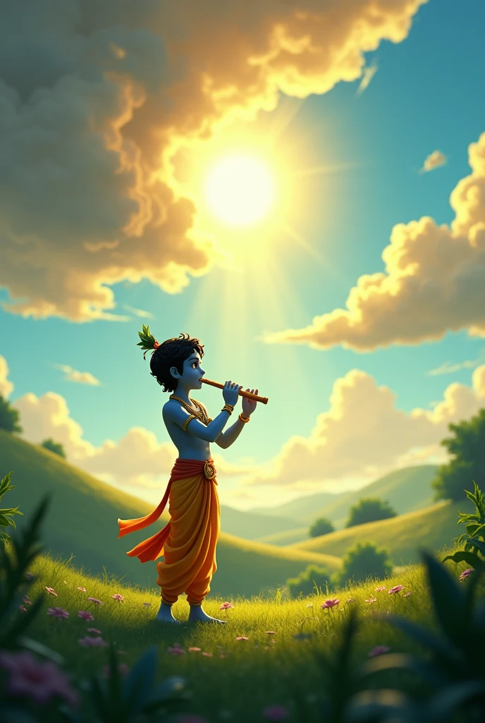 Generate 3,d animated cartoon style The dark clouds dispersing as Krishna's flute music fills the air, and sunlight breaking through, illuminating the scene.