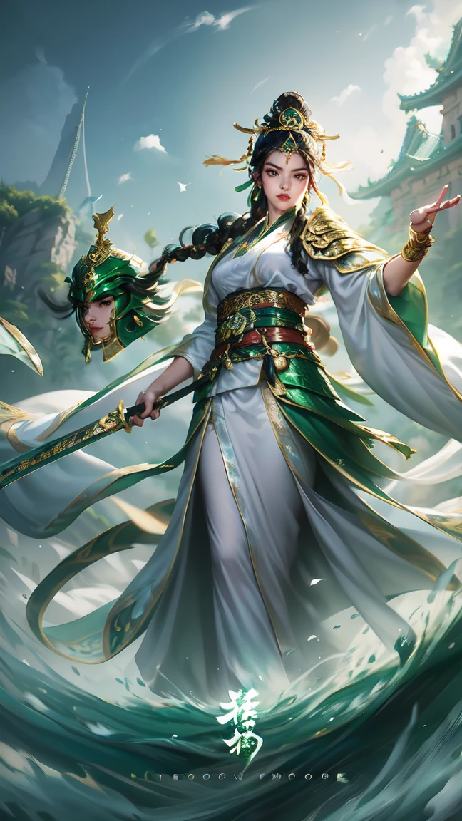 masterpiece, best quality, Official Art, 1 Girl, Character portraits,Chinese style,((whole body:1.3)), (((Black hair,1 braid))), General, Sword,minority,Barbarian,black eyes, Pretty Face, ((Green Tang Dynasty Mingguang armor helmet and white robe) ), Look at the audience, (High body) , earrings, (looking at viewe), Tempting,prestige,(battlefield,ruins)