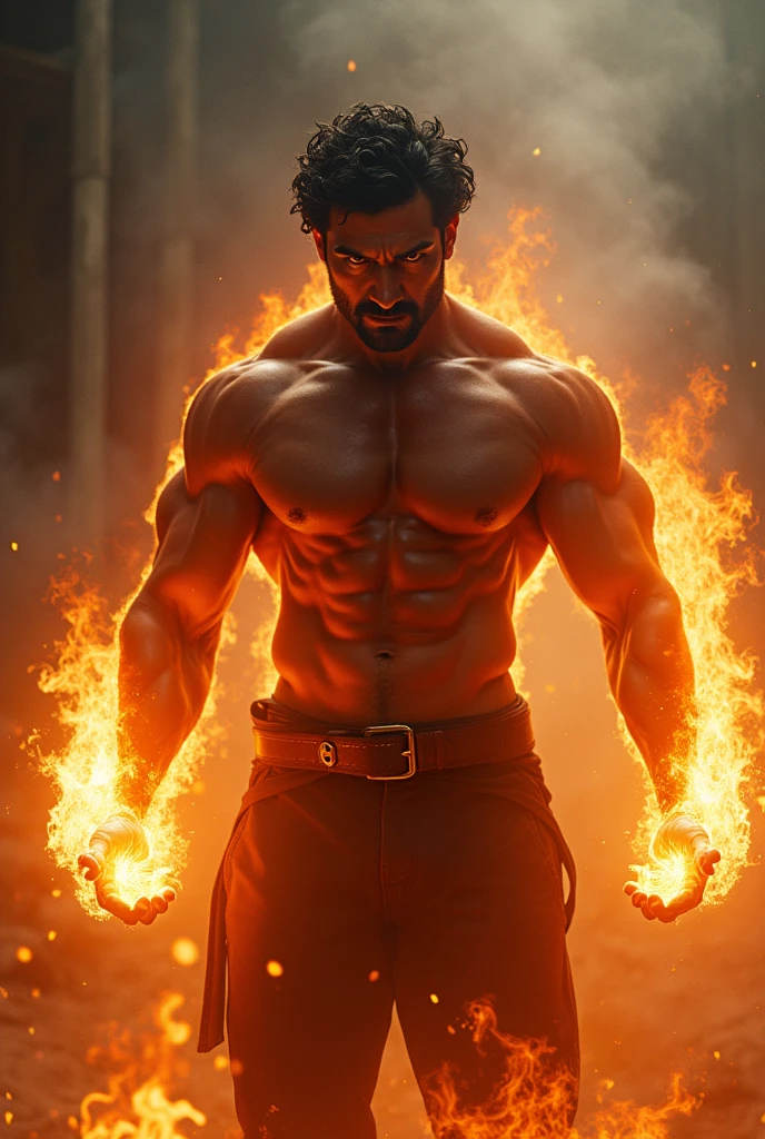 Generate an ai pic of vidyut Jammwal having fire superpower