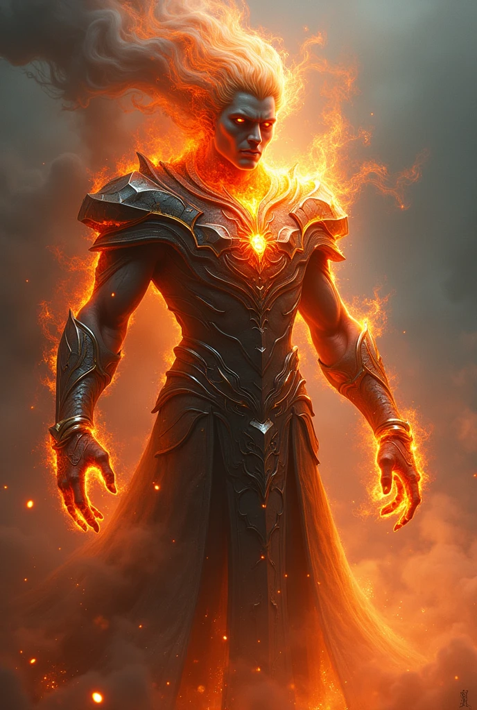 Smoke man with fire eyes and flaming hair wearing crystal armor 