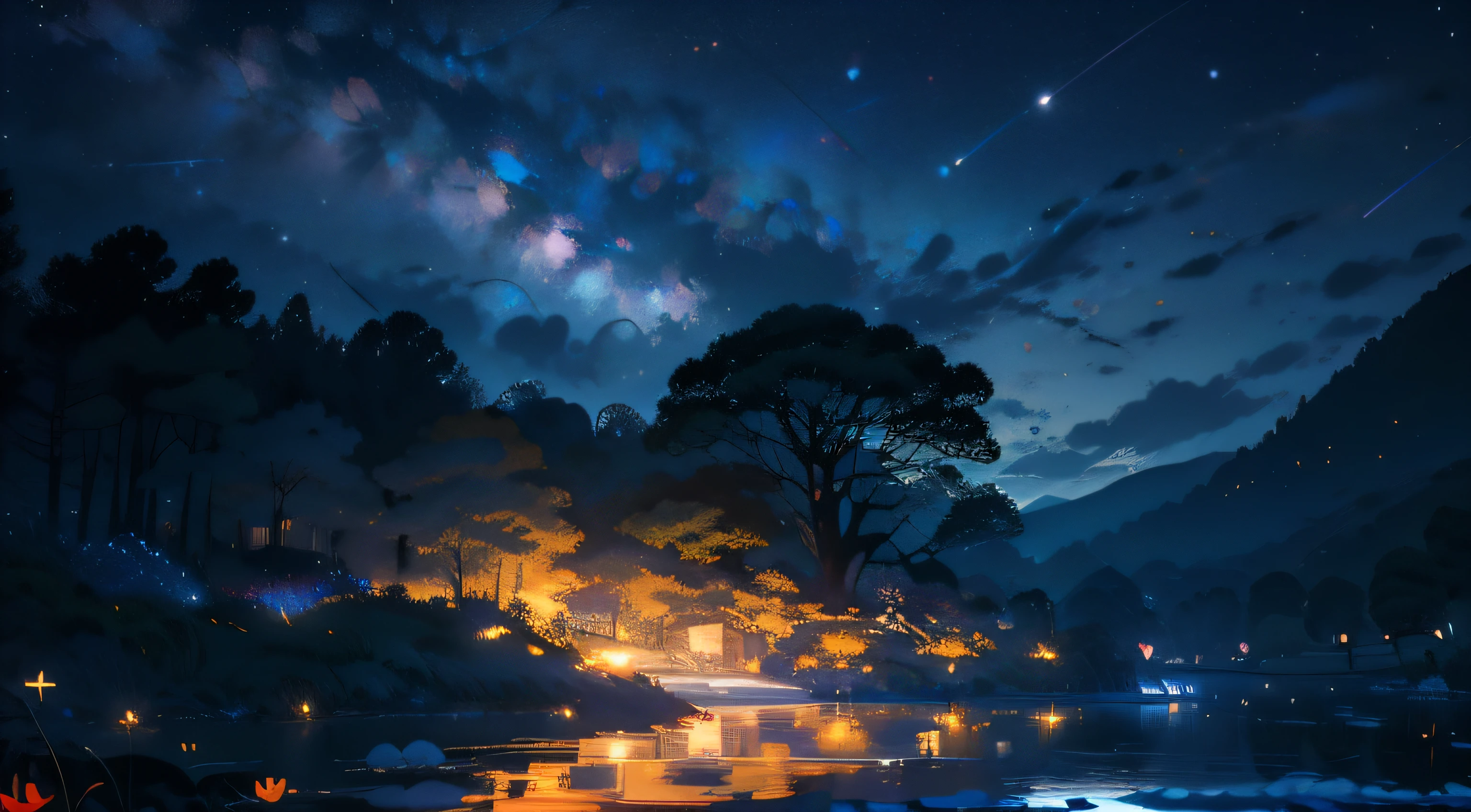 master part, gorgeous, Landscape, (((DDIM_HumaDDIMs))), Noite, flor, Jardim, Starry sky, constellations, atordoante, vista, water, quente, aconchegante, peaceful, Meteoro, cosmico, Magic, magia, particuls, Justo, ((Pirilampos))