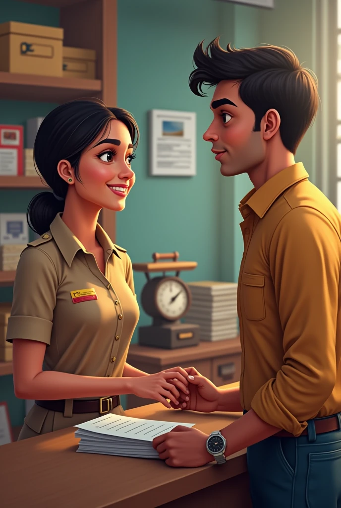 Indian post office working girl brown uniform and boy age 28 with colour dress