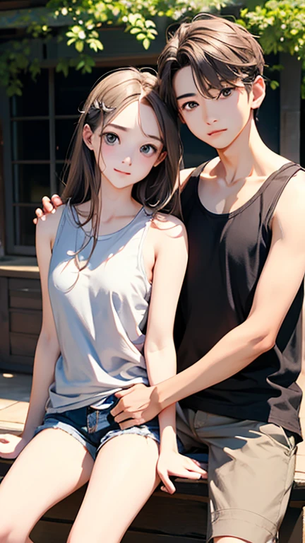 Highest quality、Realistic、zoom、Two people、Alongside、Girls and boys、twins、brother、The same face、Same height、cute、Grey Eyes、Light brown hair、、White tank top、Shorts、thin、living、Bust Shot