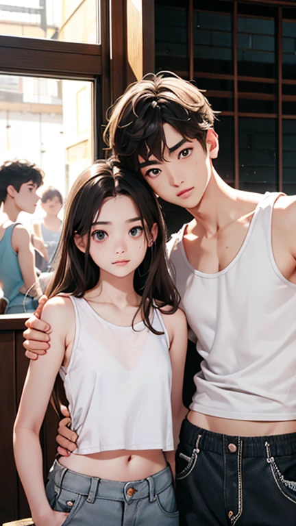 Highest quality、Realistic、zoom、Two people、Alongside、Girls and boys、twins、brother、The same face、Same height、cute、Grey Eyes、Light brown hair、、White tank top、Shorts、thin、living、Bust Shot
