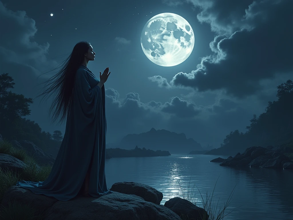 a portrait of a female druid praying at night to the moon goddess, an exquisite beautiful woman, an exotic beautiful druid, priestess of nature, ultra feminine, full body, busty woman, most beautiful face ultra detailed face, ((anatomically correct: 1.5)) ultra detailed face, dynamic hair color, dynamic hair style, dynamic skin complexion, (best detailed face: 1.5), wearing a long robe, praying at night to the moon goddess, it is night time, the moon is full. enchanted moon, divine moon, some stars, the night sky are in shades of black, dark blue and purple, some clouds, divine rays, moon rays, fantasy temple of nature background, a river running near the temple, the moon reflected in the water, vibrant, Ultra-high resolution, High Contrast, (masterpiece:1.5), highest quality, Best aesthetics), best details, best quality, highres, ultra wide angle, 16k, [ultra detailed], masterpiece, best quality, (extremely detailed), 