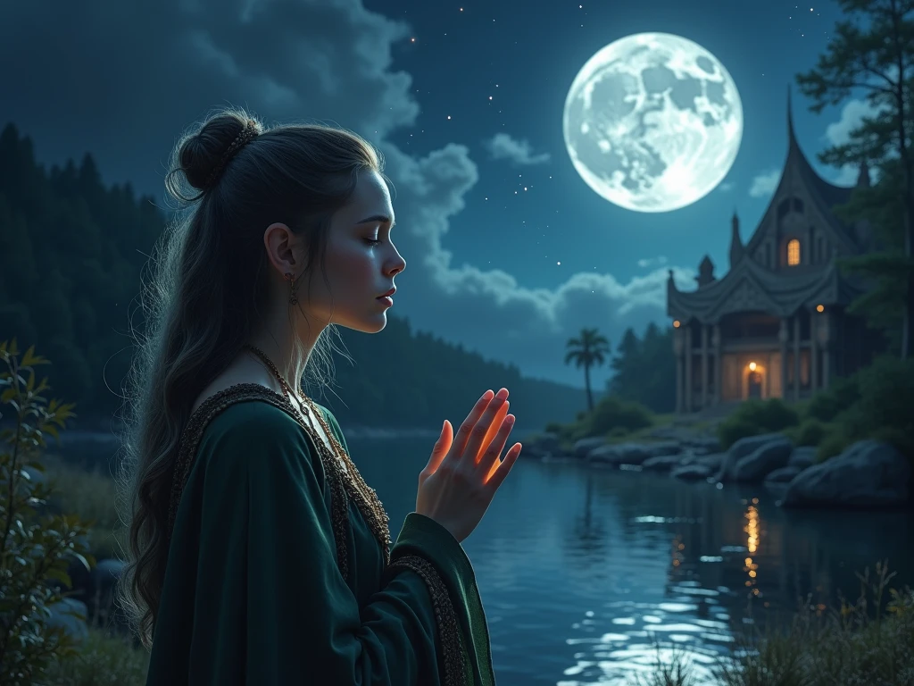 a portrait of a female druid praying at night to the moon goddess, an exquisite beautiful woman, an exotic beautiful druid, priestess of nature, ultra feminine, full body, busty woman, most beautiful face ultra detailed face, ((anatomically correct: 1.5)) ultra detailed face, dynamic hair color, dynamic hair style, dynamic skin complexion, (best detailed face: 1.5), wearing a long robe, praying at night to the moon goddess, it is night time, the moon is full. enchanted moon, divine moon, some stars, the night sky are in shades of black, dark blue and purple, some clouds, divine rays, moon rays, fantasy temple of nature background, a river running near the temple, the moon reflected in the water, vibrant, Ultra-high resolution, High Contrast, (masterpiece:1.5), highest quality, Best aesthetics), best details, best quality, highres, ultra wide angle, 16k, [ultra detailed], masterpiece, best quality, (extremely detailed), 