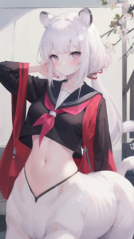 (best quality, masterpiece), 1 girl, centaur, I beg, White skin, Japanese schoolgirl,daughter,black pink, exposing the abdomen, belly button t-shirt , beautiful girl perfect, White tiger photo, 완벽한 White tiger photo