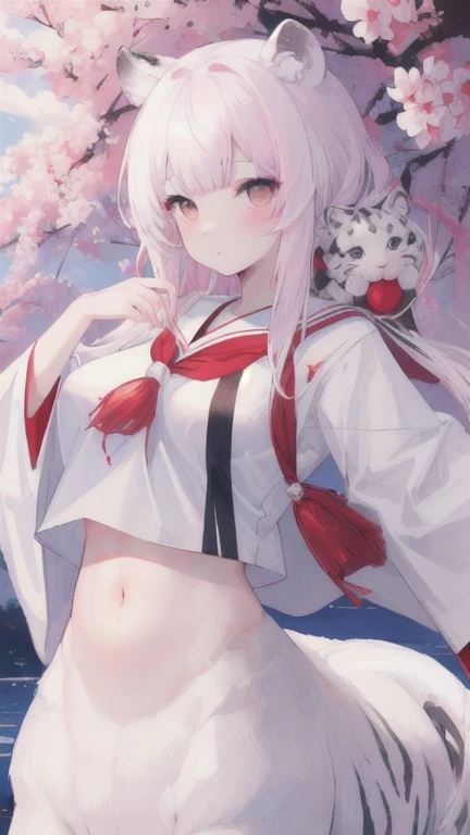 (best quality, masterpiece), 1 girl, centaur, I beg, White skin, Japanese schoolgirl,daughter,black pink, exposing the abdomen, belly button t-shirt , beautiful girl perfect, White tiger photo, 완벽한 White tiger photo