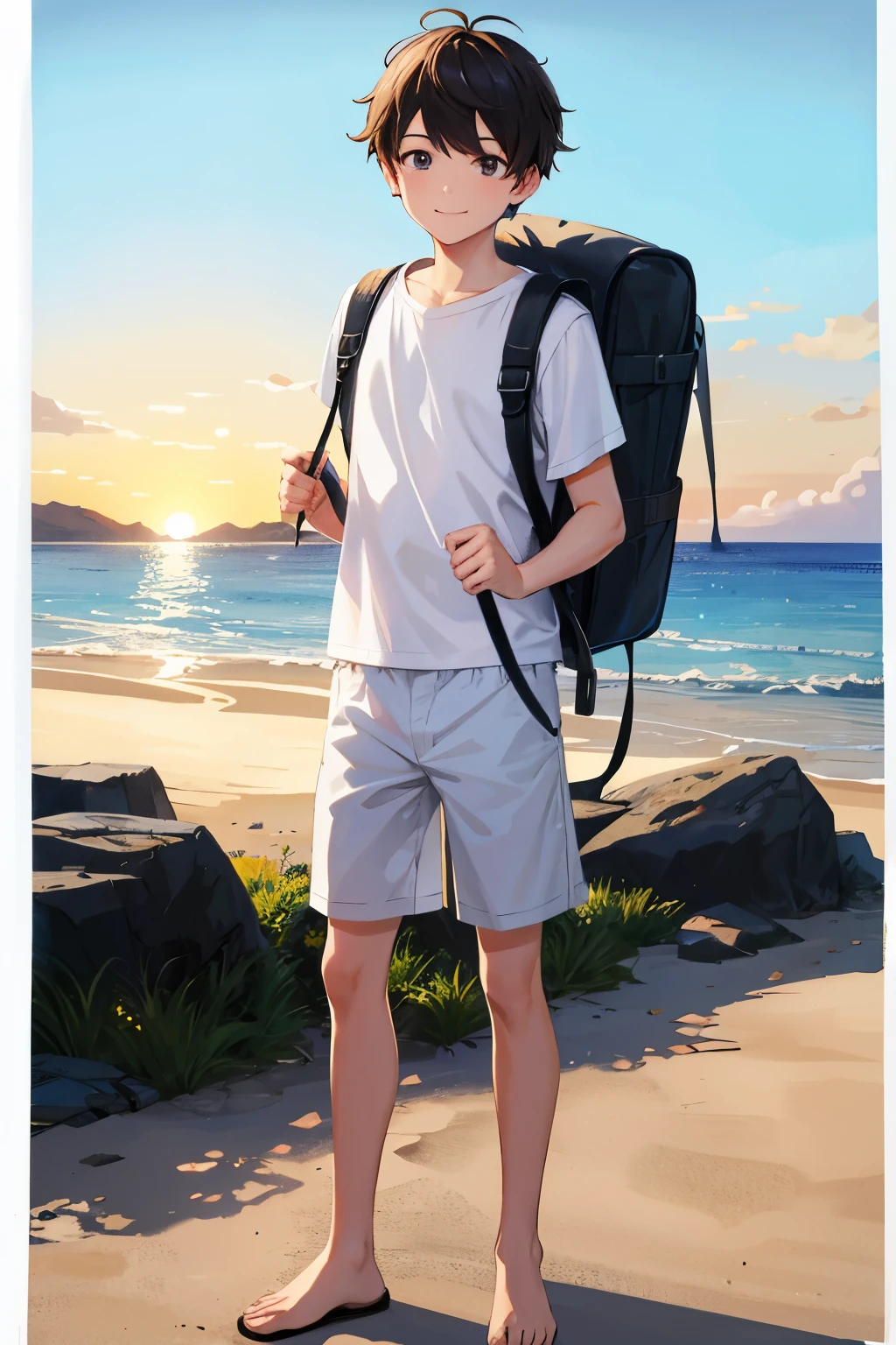 masterpiece, best quality, high resolution, extremely detailed, detailed background, cinematic lighting, 1boy, young man, looking at viewer, beach, white t-shirt, boxer shortpants , smile, wearing  backpack, (backpack:1.0), travel backpack, standing, fullbody, day, sunlight