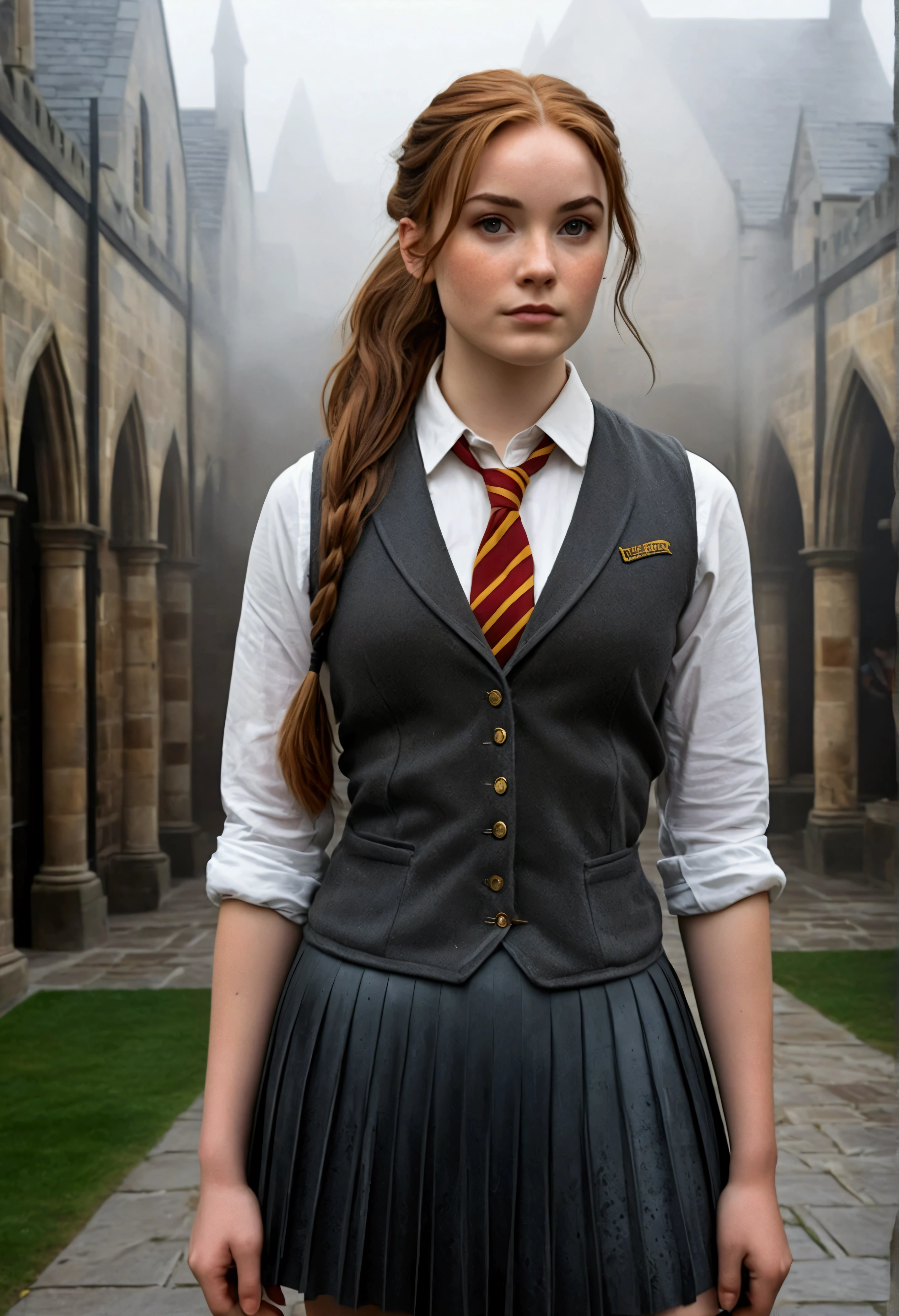An illustrated movie poster, hand-drawn, full color, a female Hogwarts student, 18 years old, wearing a charcoal vest and a pleated skirt, tall, toned, amazonian stature, athletic hourglass figure, full wide hips, massive round butt, long shapely legs, ridiculously thick powerful thighs, deep dark auburn hair, messy ponytail, flushed sun-kissed complexion, freckles, resembles Genevieve O'Reilly, standing in a foggy Hogwarts courtyard, surrounded by mist, graphite shading, stencil marks, airbrushed acrylic paint, masterpiece, in the Deathly Hallows