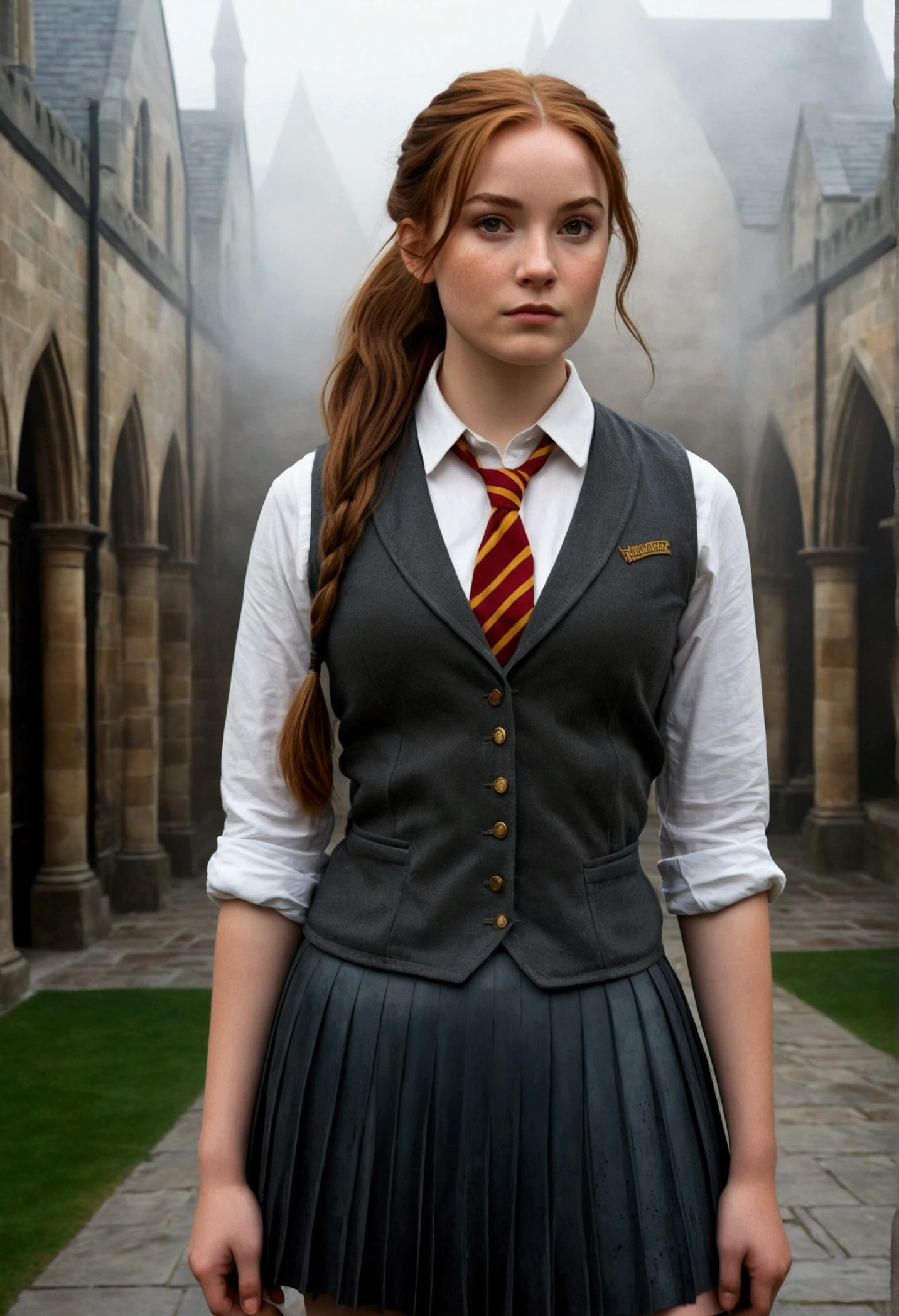 An illustrated movie poster, hand-drawn, full color, a female Hogwarts student, 18 years old, wearing a charcoal vest and a pleated skirt, tall, toned, amazonian stature, athletic hourglass figure, full wide hips, massive round butt, long shapely legs, ridiculously thick powerful thighs, deep dark auburn hair, messy ponytail, flushed sun-kissed complexion, freckles, resembles Genevieve O'Reilly, standing in a foggy Hogwarts courtyard, surrounded by mist, graphite shading, stencil marks, airbrushed acrylic paint, masterpiece, in the Deathly Hallows