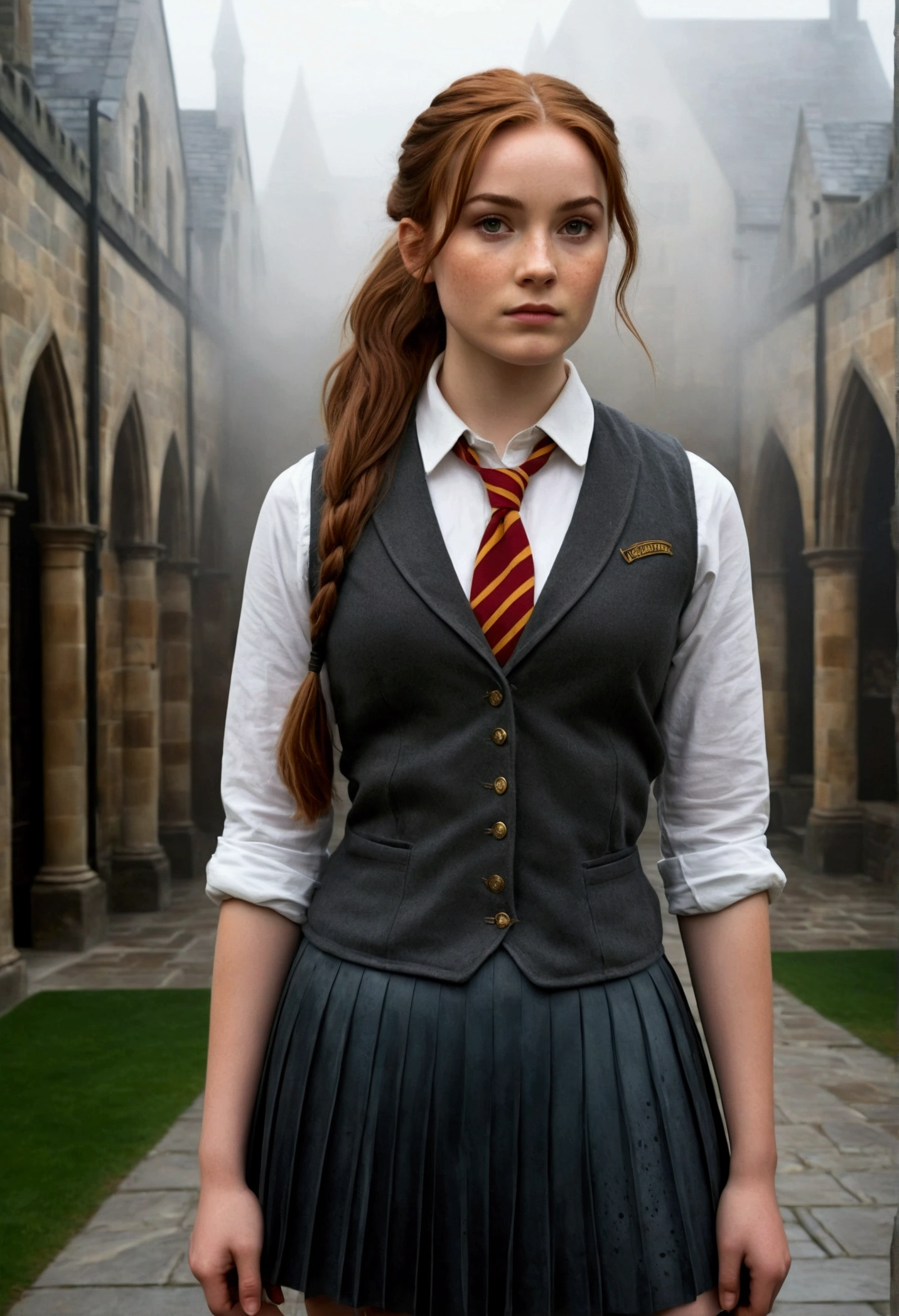An illustrated movie poster, hand-drawn, full color, a female Hogwarts student, 18 years old, wearing a charcoal vest and a pleated skirt, tall, toned, amazonian stature, athletic hourglass figure, full wide hips, massive round butt, long shapely legs, ridiculously thick powerful thighs, deep dark auburn hair, messy ponytail, flushed sun-kissed complexion, freckles, resembles Genevieve O'Reilly, standing in a foggy Hogwarts courtyard, surrounded by mist, graphite shading, stencil marks, airbrushed acrylic paint, masterpiece, in the Deathly Hallows 