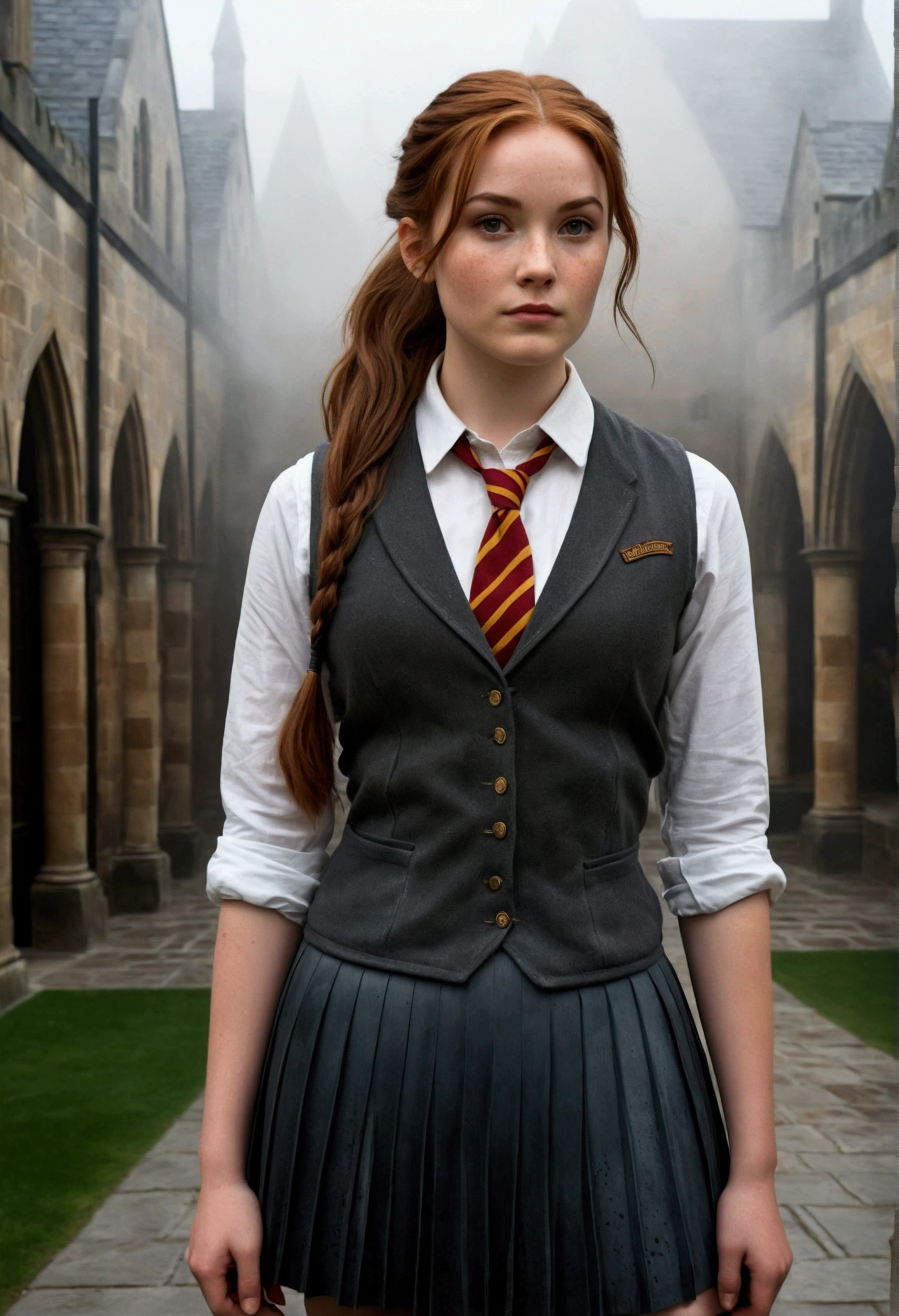 An illustrated movie poster, hand-drawn, full color, a female Hogwarts student, 18 years old, wearing a charcoal vest and a pleated skirt, tall, toned, amazonian stature, athletic hourglass figure, full wide , massive round , long shapely legs, ridiculously thick powerful thighs, deep dark auburn hair, messy ponytail, flushed sun-kissed complexion, freckles, resembles Genevieve O'Reilly, standing in a foggy Hogwarts courtyard, surrounded by mist, graphite shading, stencil marks, airbrushed acrylic paint, masterpiece, in the Deathly Hallows 