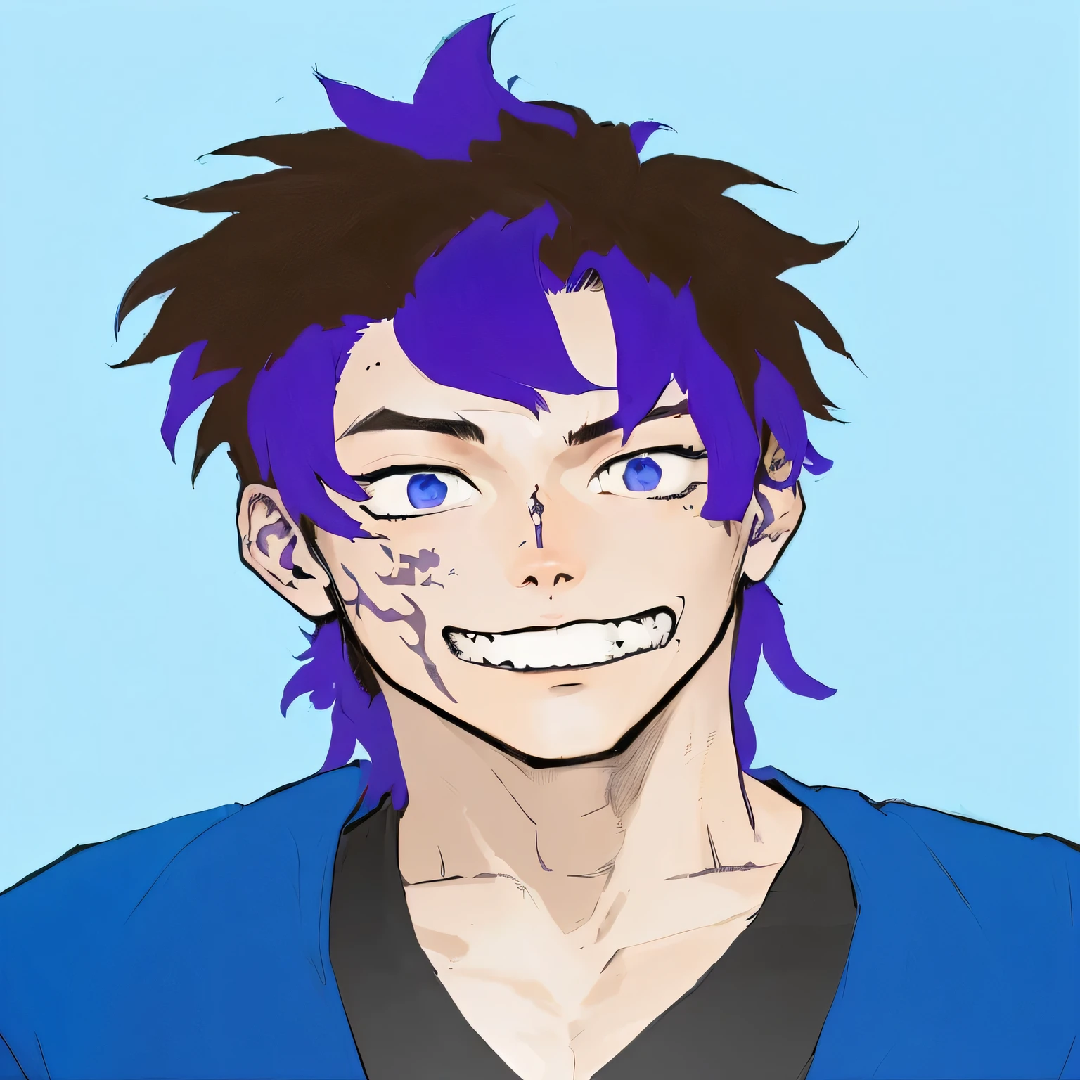 a close up of a cartoon of a person with purple hair, inspired by Okumura Masanobu, kentaro miura manga art style, inspired by Un'ichi Hiratsuka, kentaro miura manga style, trigger anime artstyle, kentaro miura art style, in an anime style