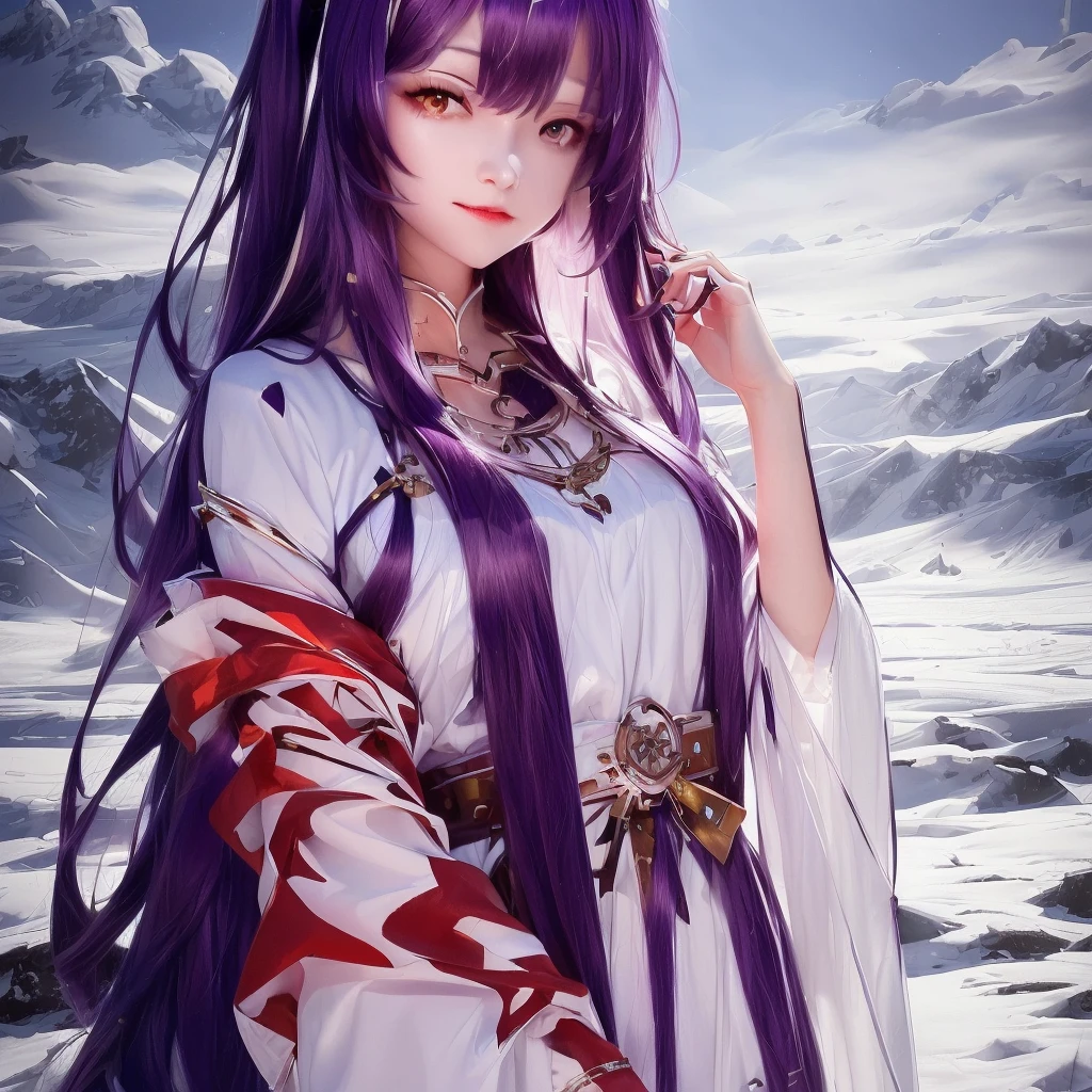 Fenrir, long hair, purple hair, yellow eyes, white dress, wolf ears, realistic, portrait, 4k, HD