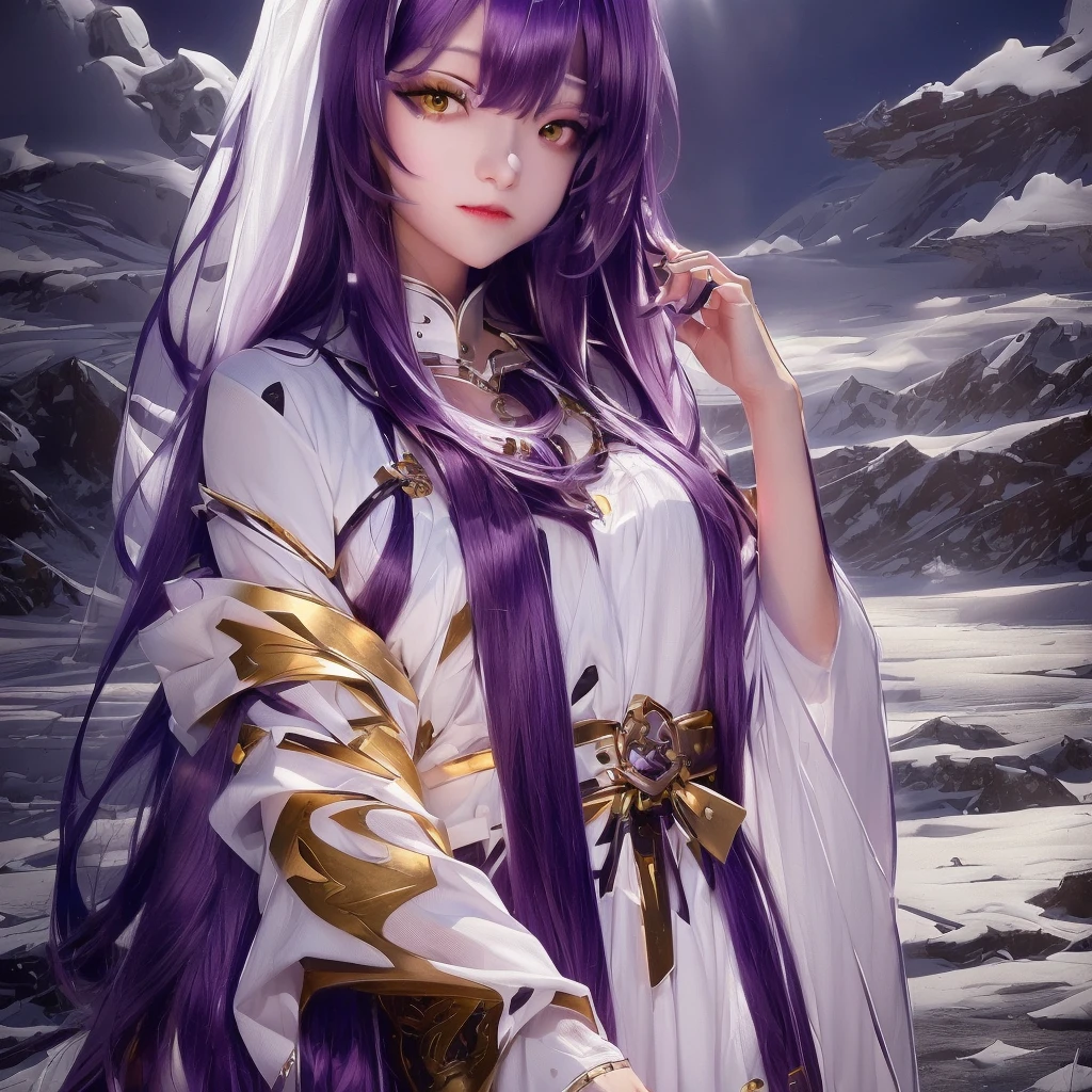 Fenrir, long hair, purple hair, yellow eyes, white dress, wolf ears, realistic, portrait, 4k, HD