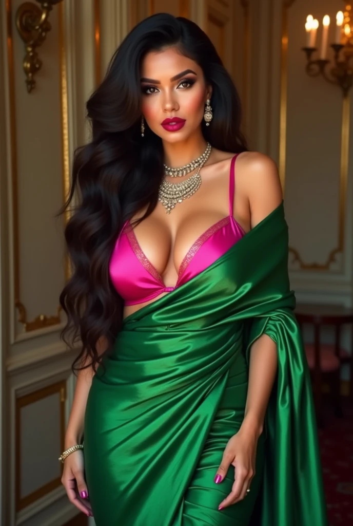 A sexy British lady with a very huge round shining hanging and long cleavage line visible in a sexy folded green saree & pink single tripe bra.