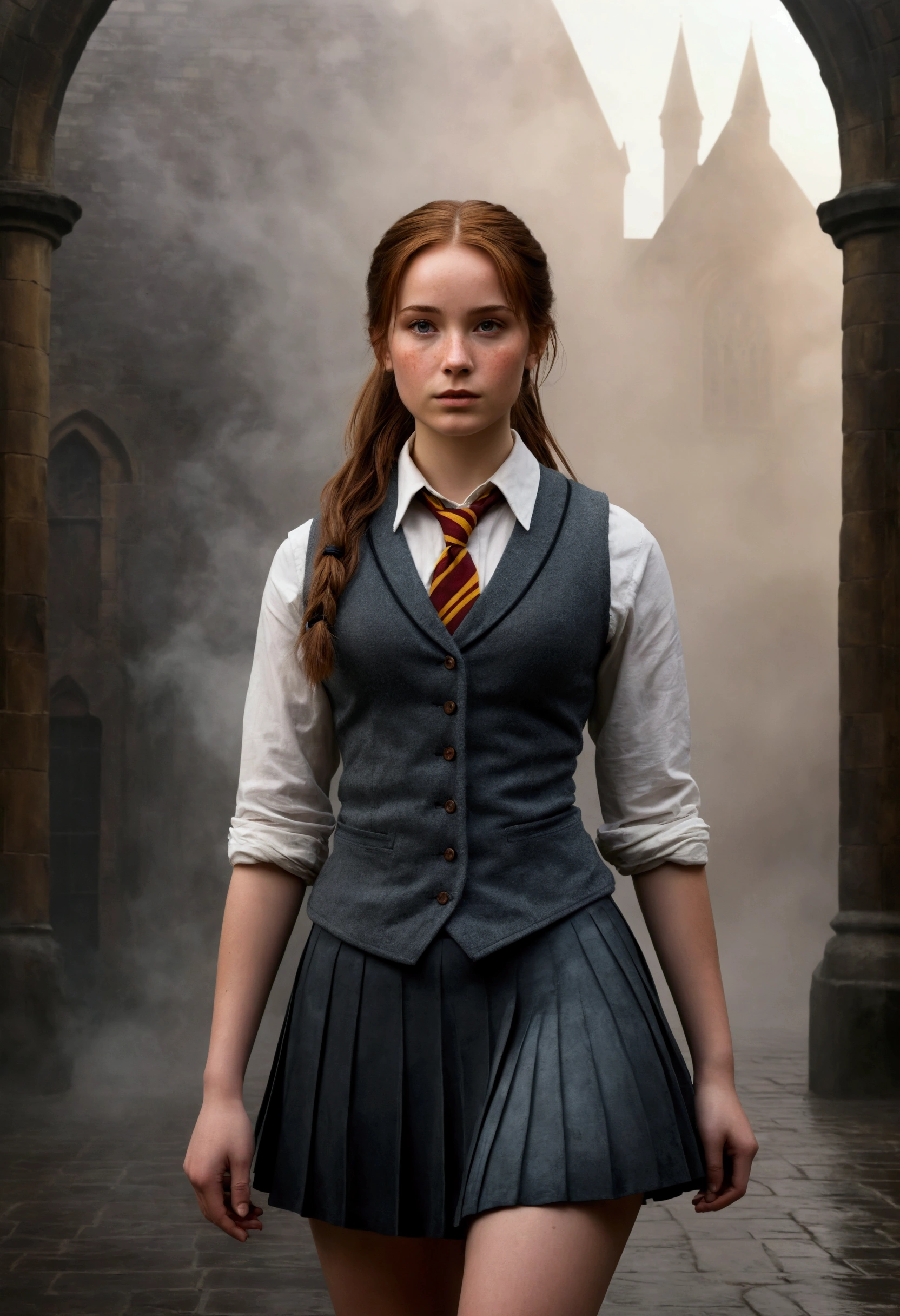 An illustrated movie poster, hand-drawn, full color, a female Hogwarts student, 18 years old, wearing a charcoal vest and a pleated skirt, tall, toned, amazonian stature, athletic hourglass figure, full wide hips, massive round butt, long shapely legs, ridiculously thick powerful thighs, deep dark auburn hair, messy ponytail, flushed sun-kissed complexion, freckles, resembles Genevieve O'Reilly, standing in a foggy Hogwarts courtyard, surrounded by mist, graphite shading, stencil marks, airbrushed acrylic paint, masterpiece, in the Deathly Hallows