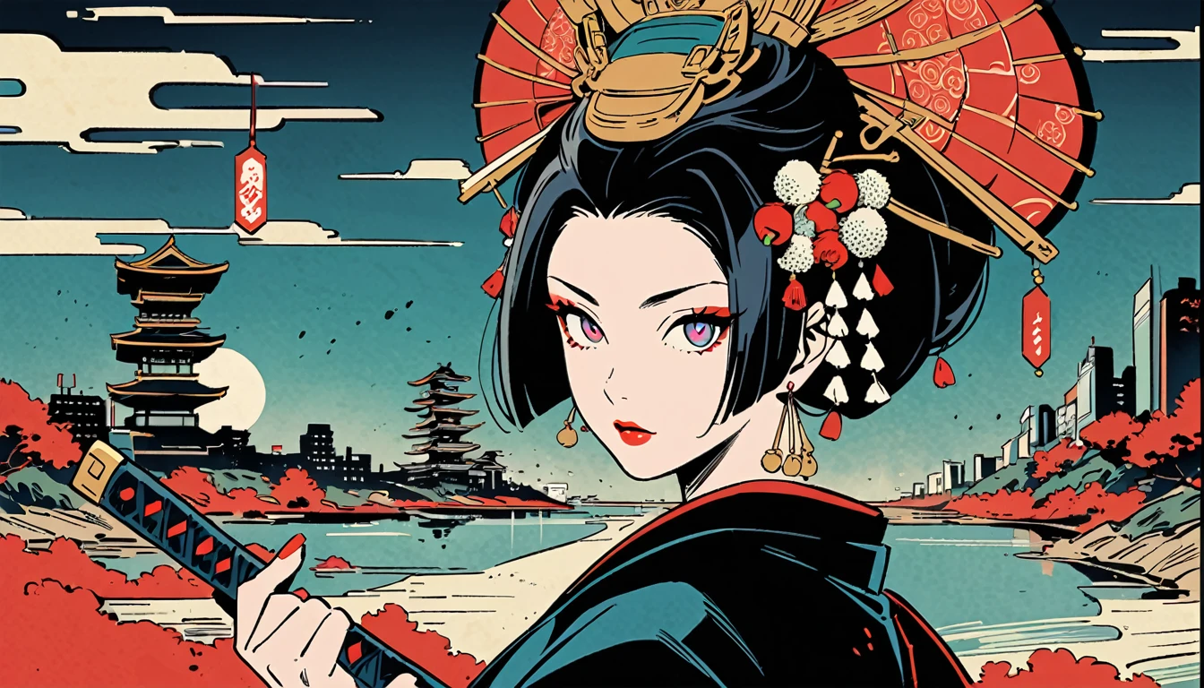 Ink Painting, (((1 person))),(((The dawn moon is visible in the background))), (((Dressed as a samurai))), (((Holding a sword))), (((Oiran))), (((Great hair accessories))), Demonic Possession, (((Cherry colored eyes、Engraved on the inside))),Bring your face closer, The Beauty of Japan, Gray Hair, Sensitive and accurate, Modern ukiyo-e style, Highest quality, beautiful girl, Black Hair, Sensitive and accurate, Modern ukiyo-e style, Cyberpunk City