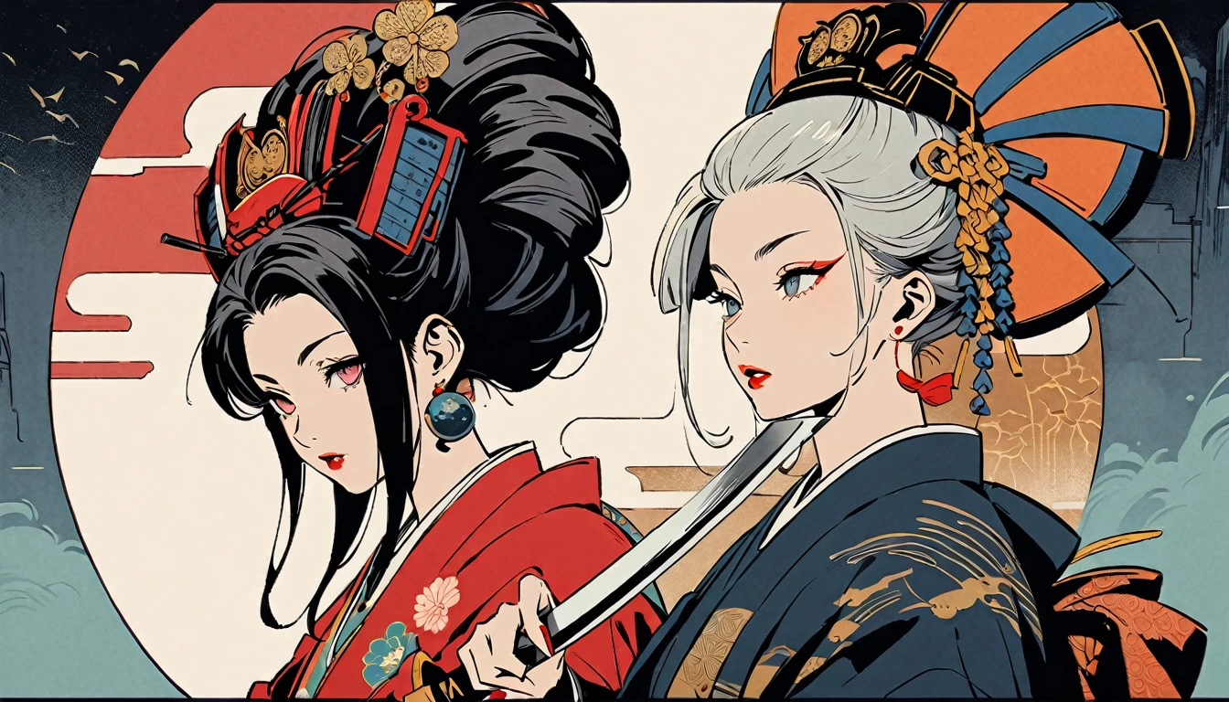 Ink Painting, (((1 person))),(((The dawn moon is visible in the background))), (((Dressed as a samurai))), (((Holding a sword))), (((Oiran))), (((Great hair accessories))), Demonic Possession, (((Cherry colored eyes、Engraved on the inside))),Bring your face closer, The Beauty of Japan, Gray Hair, Sensitive and accurate, Modern ukiyo-e style, Highest quality, beautiful girl, Black Hair, Sensitive and accurate, Modern ukiyo-e style, Cyberpunk City