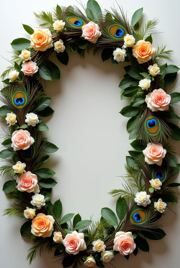 Generate a garland for a marriage. The top part of the garland should contain vetiver or Khus for 10 cms, followed by peacock feathers for 15 cms, followed by Jasmine for 5 cms in both sides, finally it should have a layer of roses that connects the left and right sides
