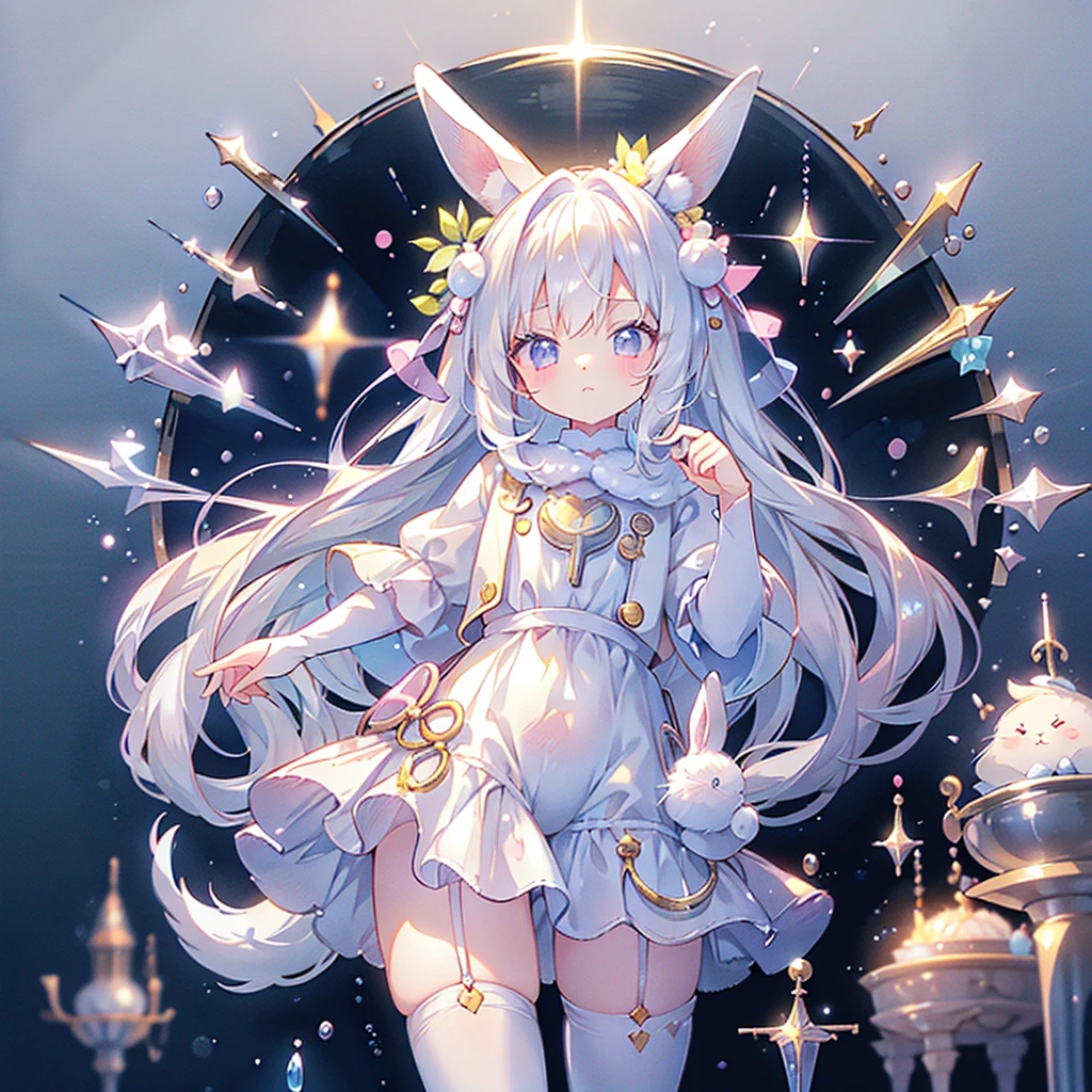 A cute little guy wearing a rabbit costume、fluffy、Loose、pastel colour、Highest quality、Masterpiece、Milky white hair color、kawaii tech,