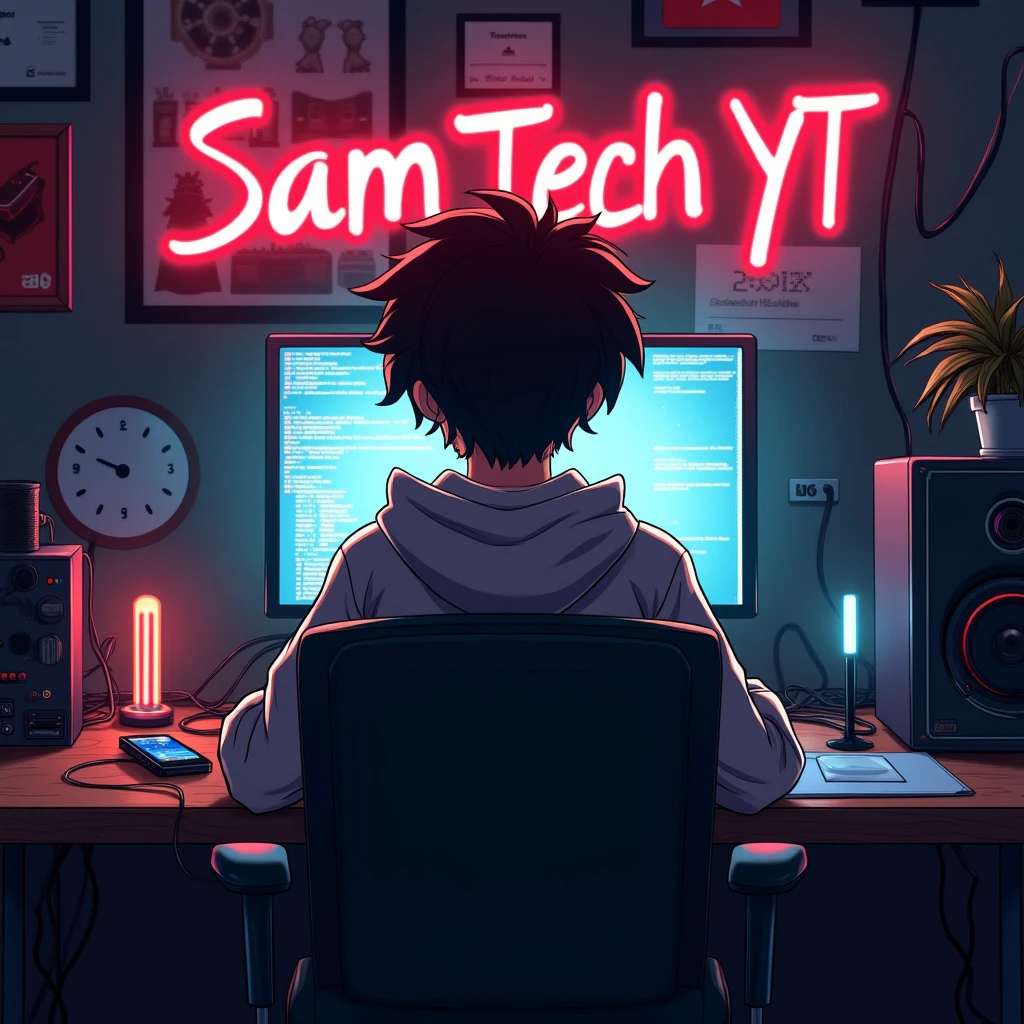 Create a hacker anime youtuber sitting on the computer chair watching me,
Backside name as Sam Tech Yt with red letters