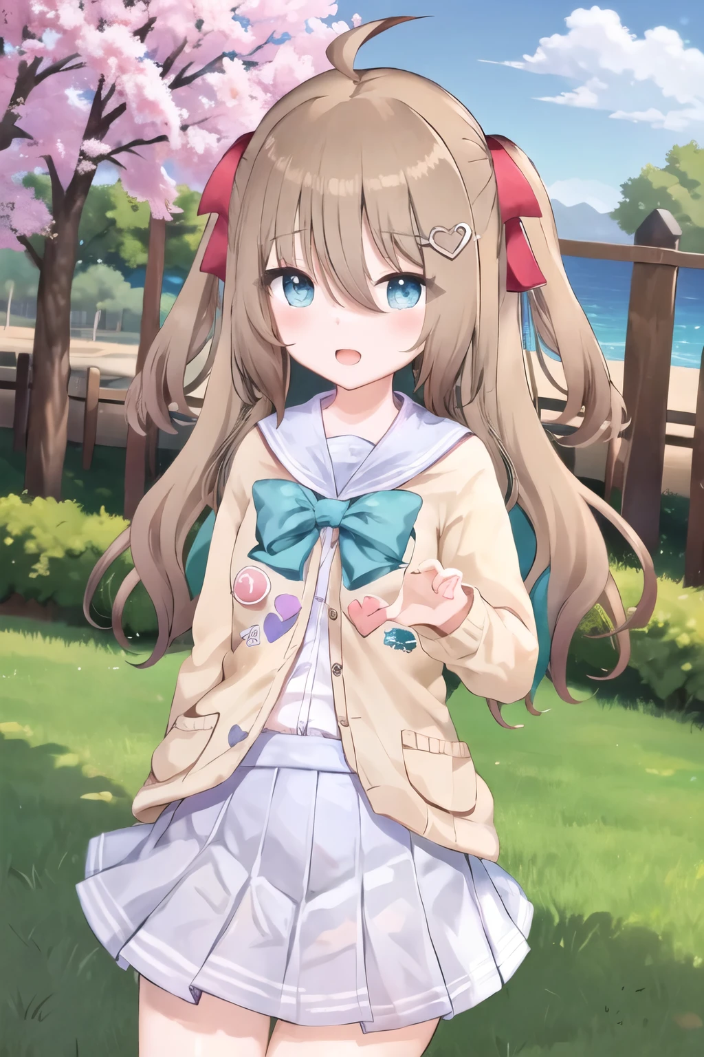 (masterpiece), (ultra-detailed), best quality, 8k, 1girl, neuro-sama, solo, looking at viewer, standing, looking at viewer, portrait, brown cardigan, bowtie, sailor collar, ahoge, cherry blossoms, blue eyes, sky, outdoors, smile, heart hair ornament, two side up,nude, masturbation, (heart hands:1.2), blue skirt, white shirt, serafuku, open mouth, (spoken heart:1.4)    