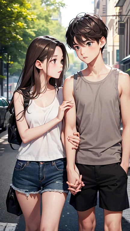 Highest quality、Realistic、zoom、Two people、Alongside、Girls and boys、twins、brother、The same face、Same height、cute、Grey Eyes、Light brown hair、、White tank top、Shorts、thin、Gazing at each other、living、Bust Shot