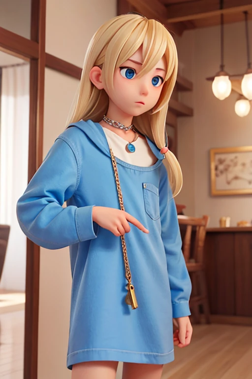 １８age、male、neutral、Blonde、Hair is shoulder length、Blue clothing、A chain on my finger、Smooth Hair、Strake Hair、