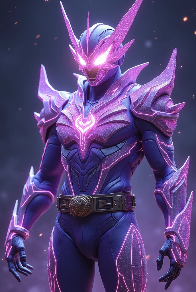 Kamen Rider is inspired by the stars, with a light purple costume, dotted with sparkling lights. The mask is shaped like a star, integrated with the ability to control cosmic energy. Style: mythical, futuristic