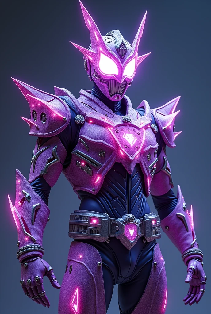 Kamen Rider is inspired by the stars, with a light purple costume, dotted with sparkling lights. The mask is shaped like a star, integrated with the ability to control cosmic energy. Style: mythical, futuristic