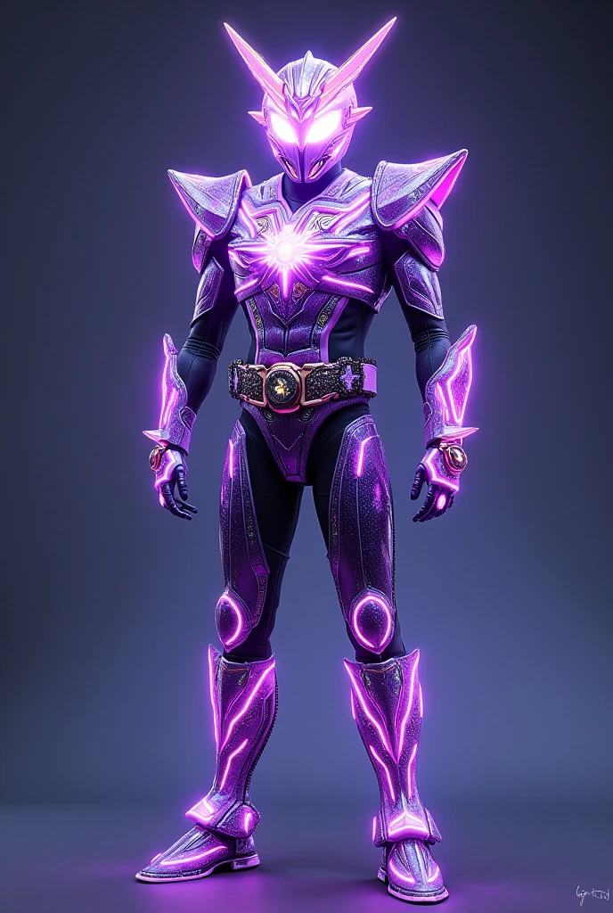 Kamen Rider is inspired by the stars, with a light purple costume, dotted with sparkling lights. The mask is shaped like a star, integrated with the ability to control cosmic energy. Style: mythical, futuristic