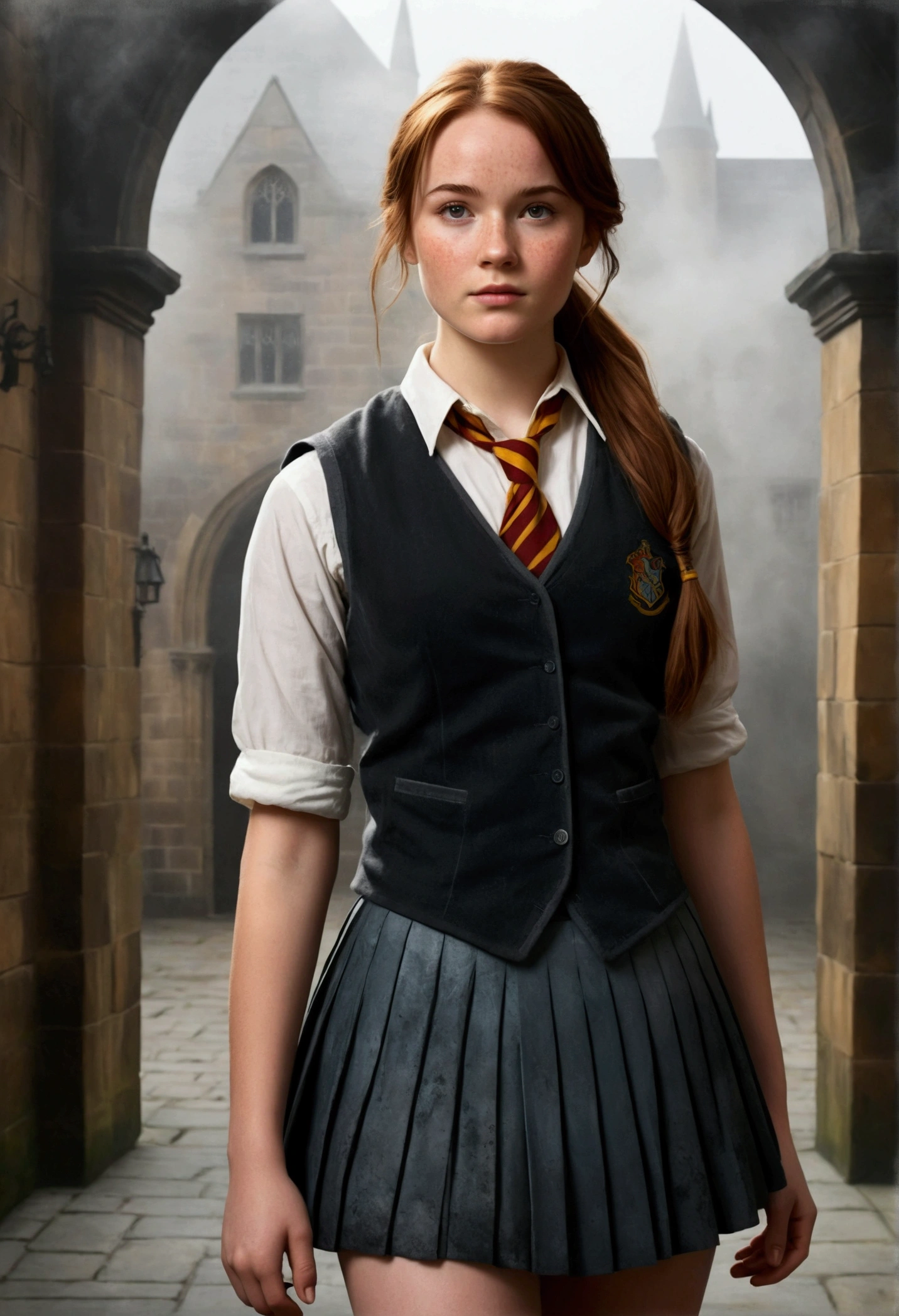 An illustrated movie poster, hand-drawn, full color, a female Hogwarts student, 18 years old, wearing a charcoal vest and a pleated skirt, tall, toned, amazonian stature, athletic hourglass figure, full wide hips, massive round butt, long shapely legs, ridiculously thick powerful thighs, deep dark auburn hair, messy ponytail, flushed sun-kissed complexion, freckles, resembles Genevieve O'Reilly, standing in a foggy Hogwarts courtyard, surrounded by mist, graphite shading, stencil marks, airbrushed acrylic paint, masterpiece, in the Deathly Hallows 