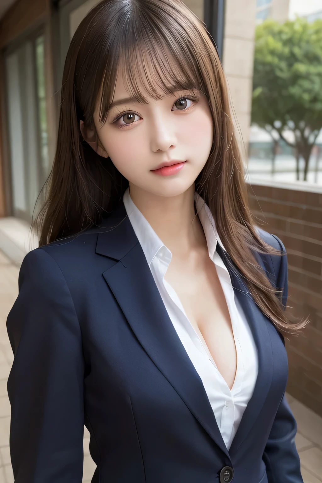 masutepiece, Best Quality, Illustration, Ultra-detailed, finely detail, hight resolution, 8K Wallpaper, Perfect dynamic composition, Beautiful detailed eyes, Natural Lip,Blazer ,School uniform, cleavage, Full body, 大きな胸,